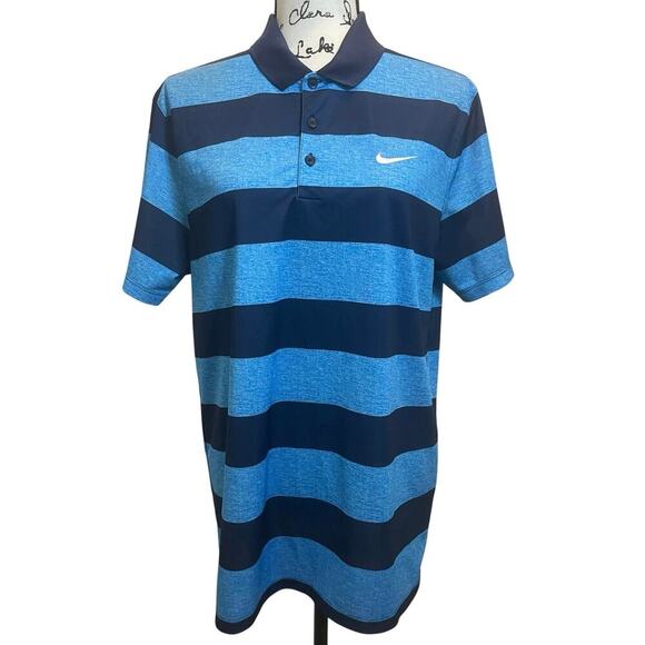 NIKE POLO GOLF SHIRT 2016 VICTORY BOLD STRIPES SZ M BLUE PICKABLE SPORTY TENNIS - Picture 2 of 10